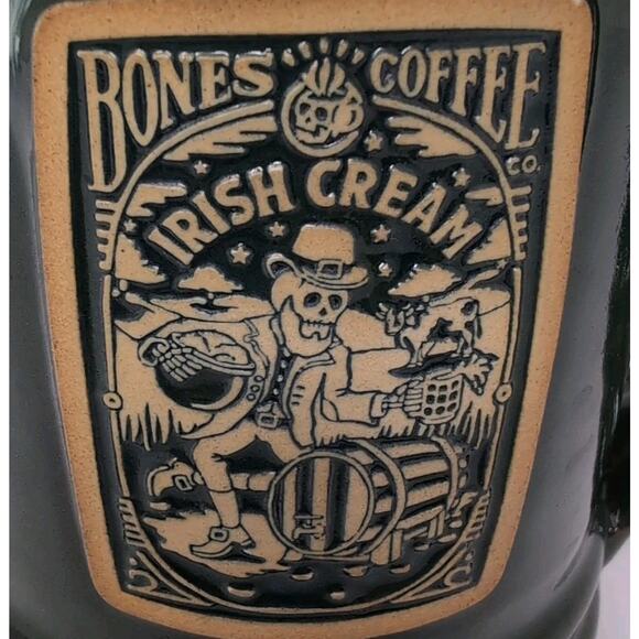 Deneen Pottery Bones Coffee Co Irish Cream Coffee Mug Green Stoneware Skeleton - Picture 2 of 11